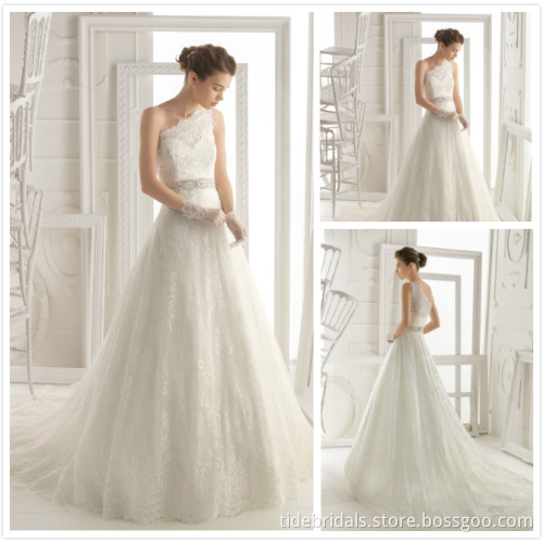 High Quality One Shoulder Beaded Belt Lace Wedding Gown Bridal Dress (1C6 OXFORD)